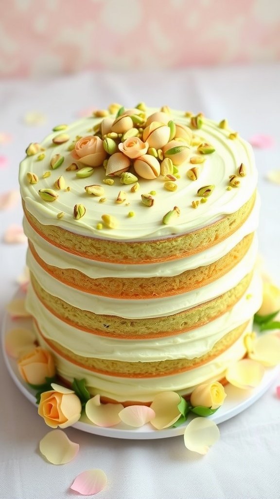 Delicate Pistachio Rose Cake Recipe A stunning Pistachio Rose Cake with cream cheese frosting, garnished with crushed pistachios and rose petals.