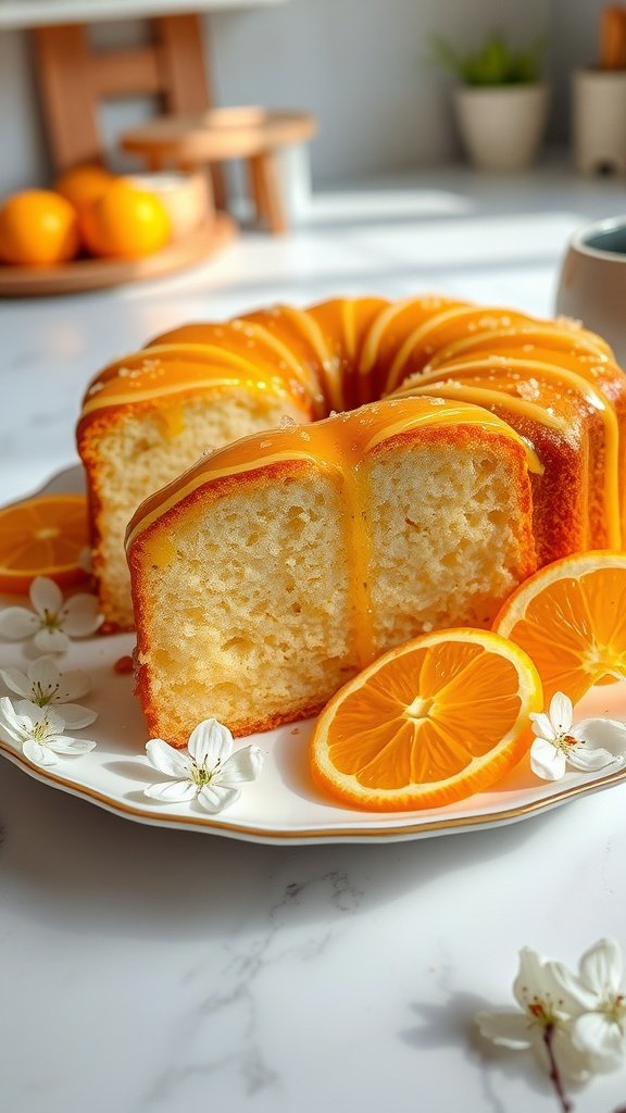 Delightful Orange Blossom Cake Recipe Slices of Orange Blossom Cake on a plate, garnished with orange slices and blossoms.