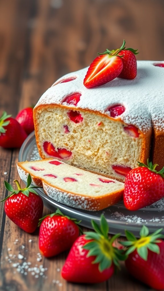 Moist Almond Flour Strawberry Cake Recipe Moist almond flour strawberry cake sliced, garnished with powdered sugar and fresh strawberries on a wooden table.