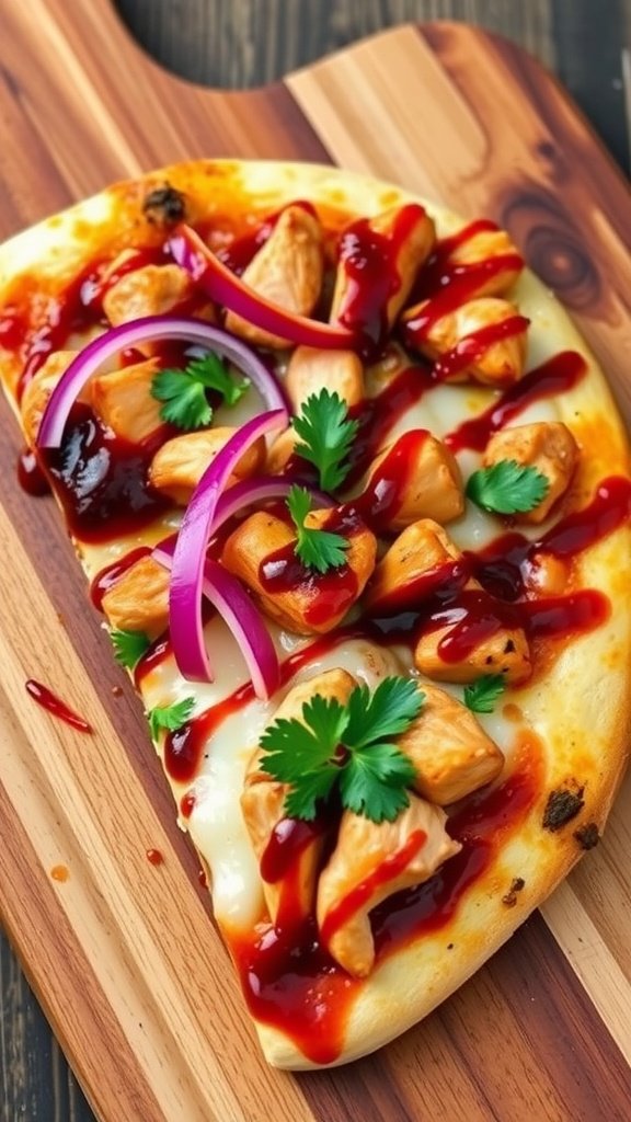 Homemade BBQ Chicken Pizza Recipe BBQ Chicken Pizza with melted cheese, grilled chicken, red onions, and BBQ sauce on a wooden board.
