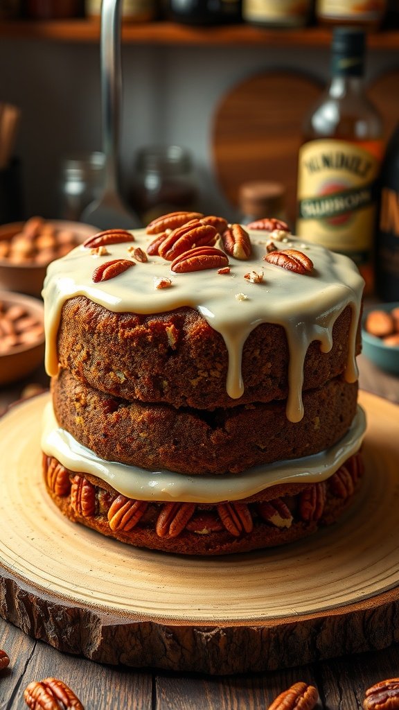 Decadent Bourbon Pecan Cake Recipe Decadent bourbon pecan cake with a bourbon glaze and pecans, displayed on a wooden table.