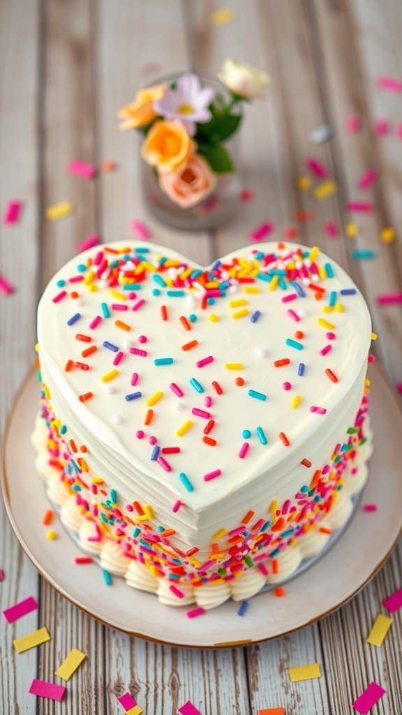 Delightful Heart-Shaped Funfetti Cake Recipe Heart-shaped funfetti cake with colorful sprinkles and buttercream frosting, placed on a decorative plate.
