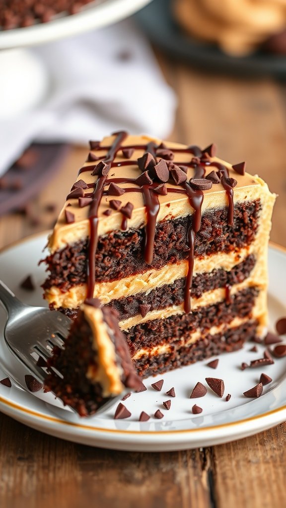 Decadent Peanut Butter Chocolate Cake Recipe A slice of peanut butter chocolate cake with chocolate frosting and shavings, on a wooden table.