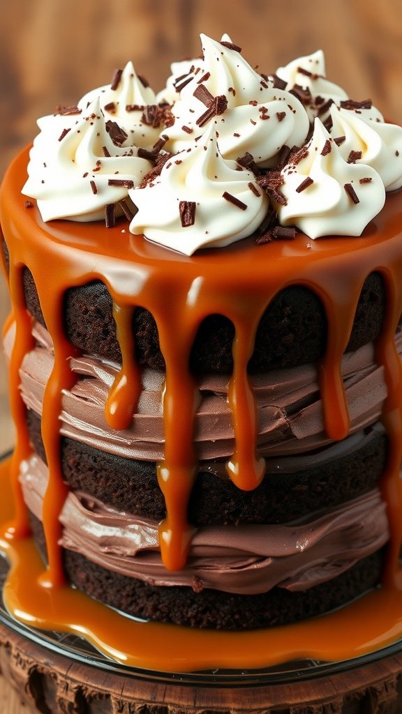 Decadent Salted Caramel Chocolate Mousse Cake A decadent salted caramel chocolate mousse cake with chocolate layers, caramel drizzle, whipped cream, and chocolate shavings.