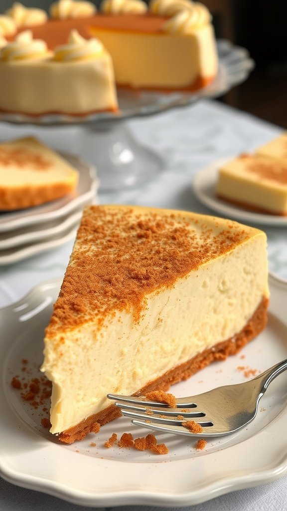 Decadent Snickerdoodle Cheesecake Recipe A slice of Snickerdoodle Cheesecake with cinnamon-sugar topping on a plate, garnished with a sprinkle of cinnamon.