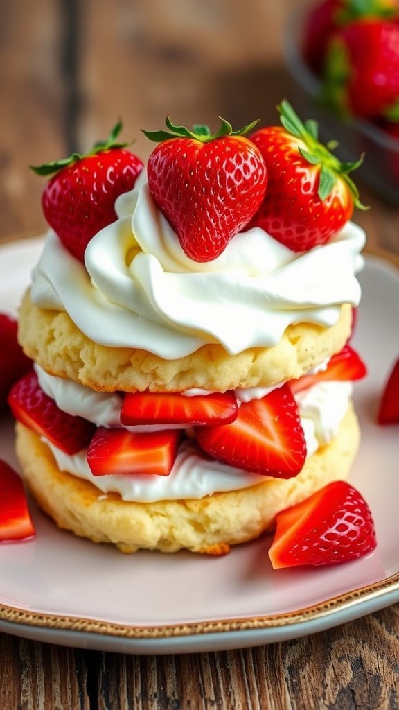Classic Strawberry Shortcake with Whipped Cream A delicious strawberry shortcake with whipped cream, layered with fresh strawberries, on a rustic wooden table.