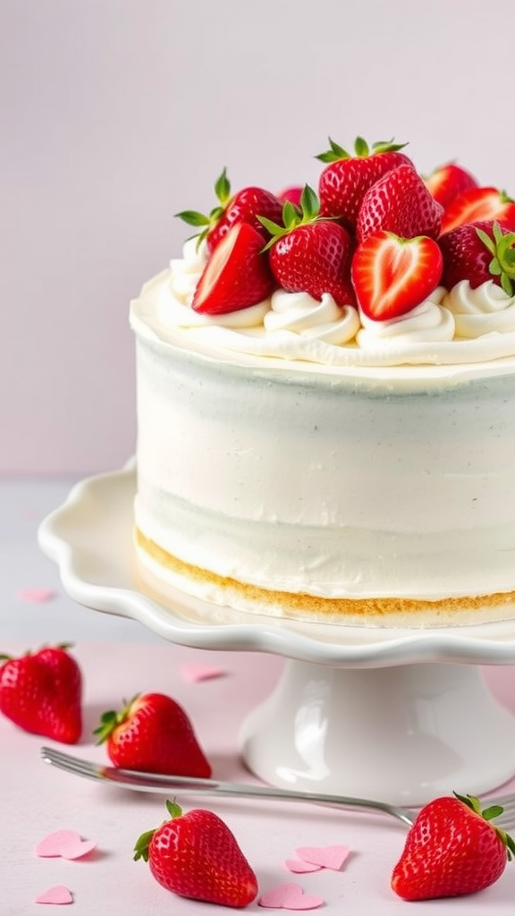 Decadent Vanilla Bean Cupid’s Cake for Valentine A stunning Vanilla Bean Cupid’s Cake topped with fresh strawberries, showcasing layers of creamy frosting.