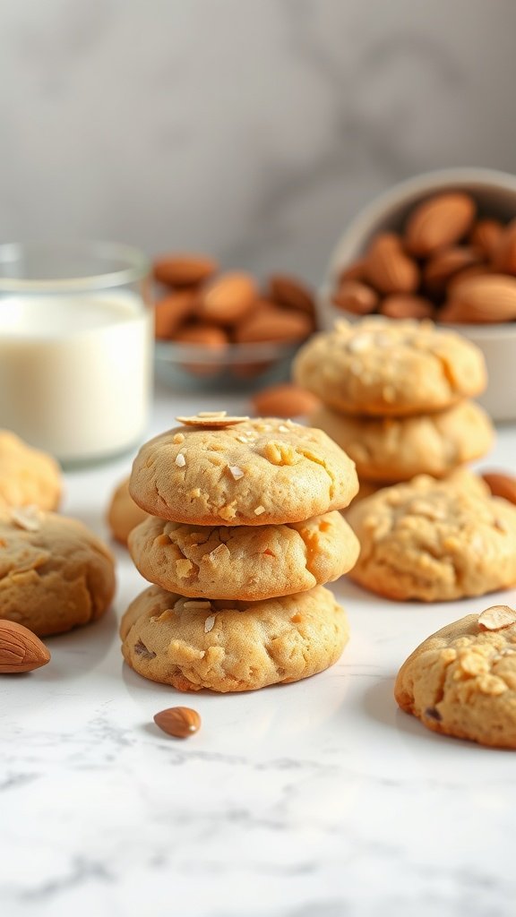 35 Delicious High Protein Cookie Recipes You Need to Try Almond flour protein cookies stacked with almonds in the background