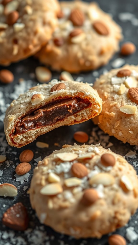 35 Irresistible Hot Chocolate Cookies Recipes to Warm Your Heart Delicious Almond Joy Hot Chocolate Cookies with chocolate filling and almond toppings.