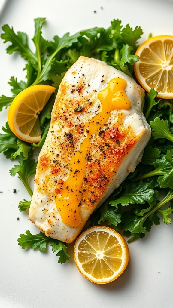 35 High Protein Low Carb Meals You Need to Try A beautifully plated dish of baked cod topped with lemon garlic butter and garnished with lemon slices and parsley.