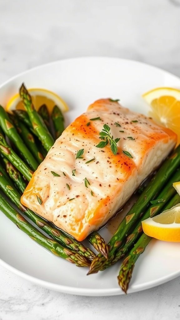 35 High Protein Low Carb Meals You Need to Try Baked salmon with asparagus served on a plate with lemon slices. High Protein Low Carb Meals