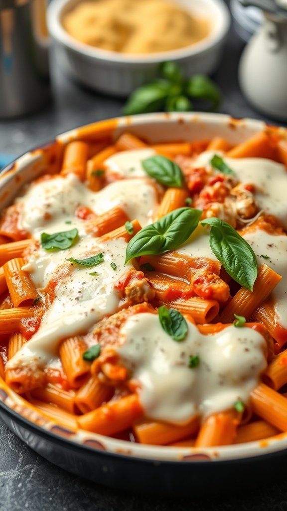 35 Cold Weather Dinner Ideas A delicious dish of baked ziti topped with mozzarella cheese and fresh basil.