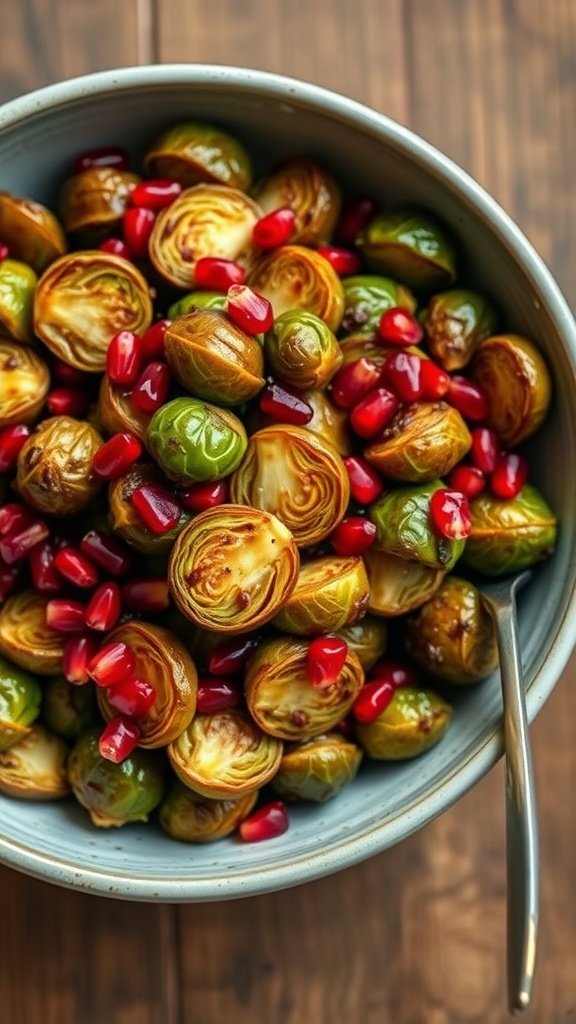 35 Cold Weather Dinner Ideas A bowl of balsamic glazed Brussels sprouts garnished with pomegranate seeds.