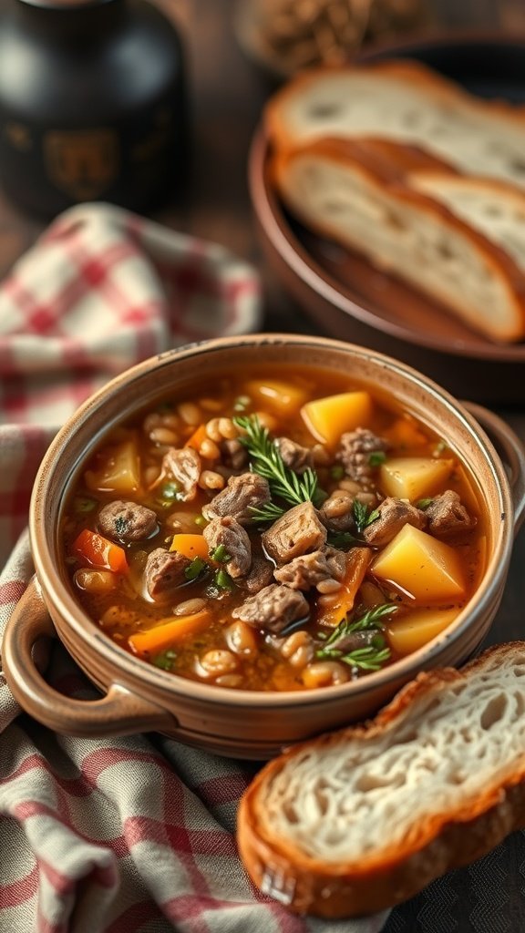 35 Cold Weather Dinner Ideas A bowl of hearty beef and barley soup with vegetables and a side of bread.