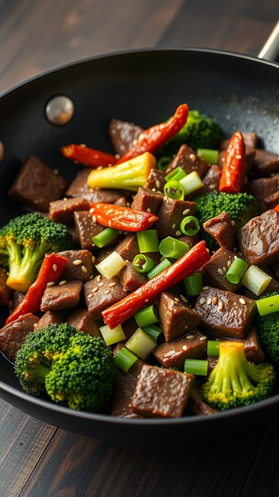 35 High Protein Low Carb Meals You Need to Try A delicious beef and broccoli stir-fry featuring tender beef chunks, fresh broccoli, and vibrant red peppers in a savory sauce.