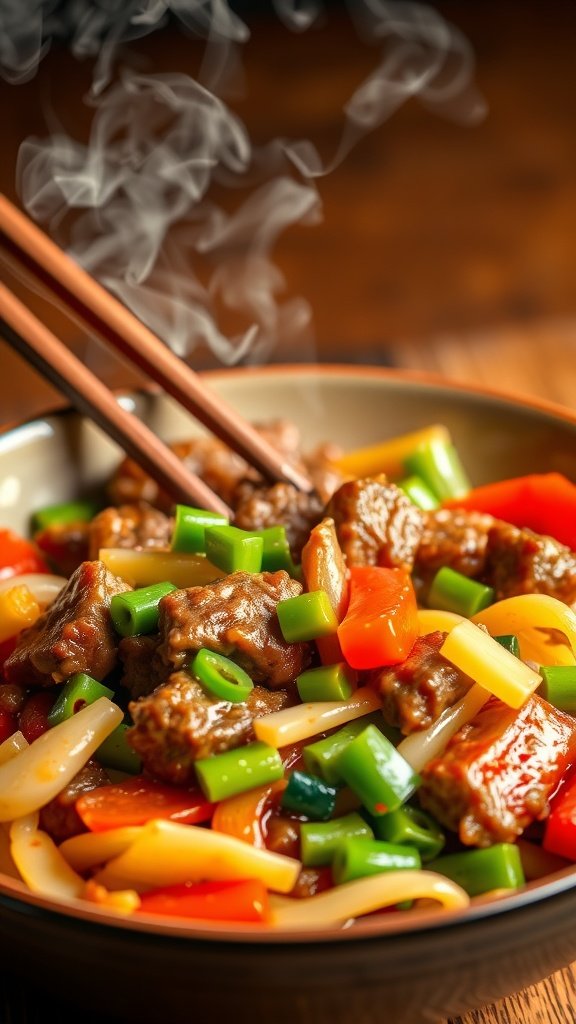 35 Cold Weather Dinner Ideas A delicious beef and vegetable stir-fry served in a bowl with chopsticks.