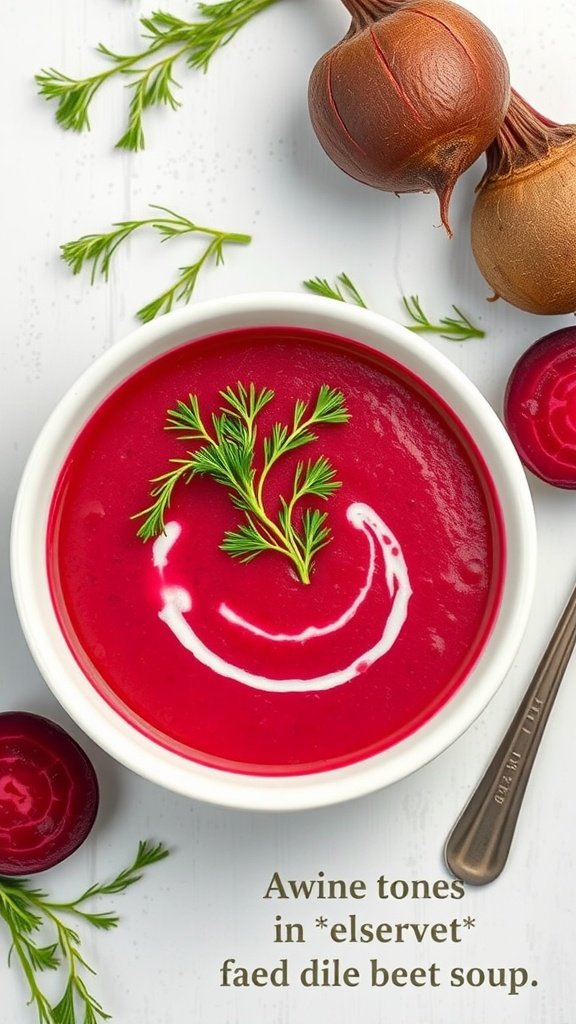 25 Cozy Winter Soups to Warm Your Soul A vibrant bowl of beet and dill soup garnished with fresh dill.