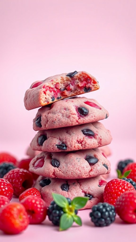 35 Delicious High Protein Cookie Recipes You Need to Try A stack of colorful berry cookies with fresh raspberries and blackberries around them.