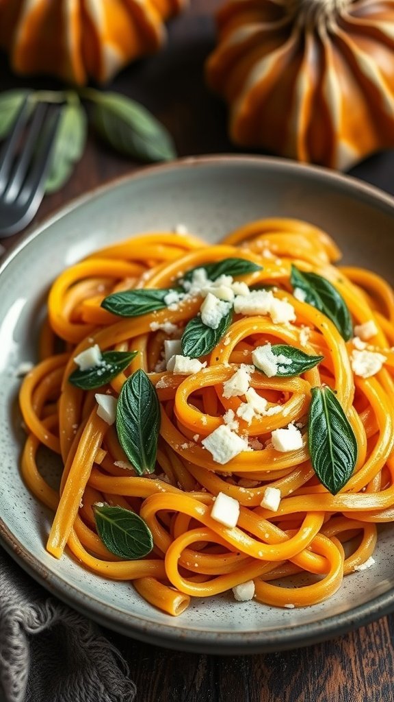 35 Cold Weather Dinner Ideas A plate of butternut squash and sage pasta garnished with fresh herbs.