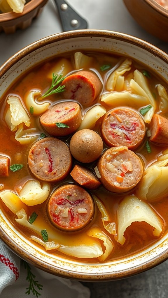 25 Cozy Winter Soups to Warm Your Soul A bowl of Cabbage and Sausage Soup with slices of sausage and cabbage.