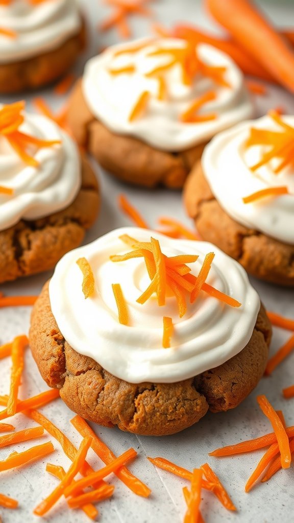 35 Delicious High Protein Cookie Recipes You Need to Try Delicious carrot cake protein cookies topped with creamy frosting and garnished with shredded carrots.