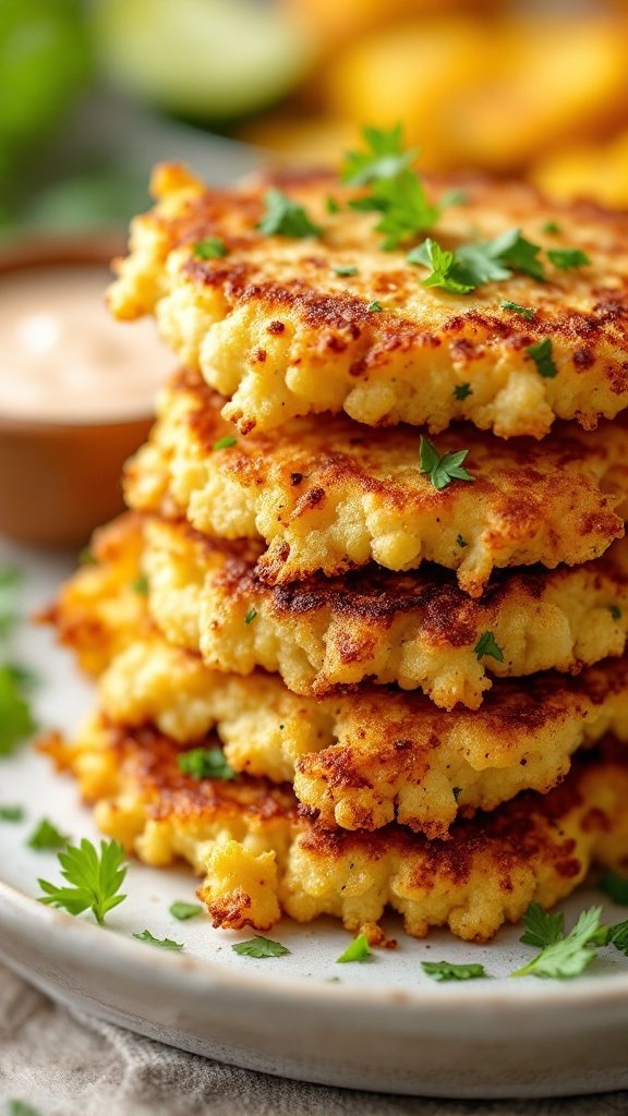 15 Easy Keto Breakfast Ideas for a Delicious Start to Your Day A stack of golden cauliflower hash browns garnished with parsley.