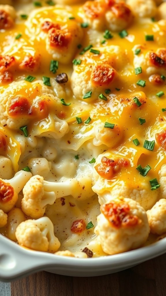 35 High Protein Low Carb Meals You Need to Try Cheesy cauliflower bake with melted cheese and garnished with chives.