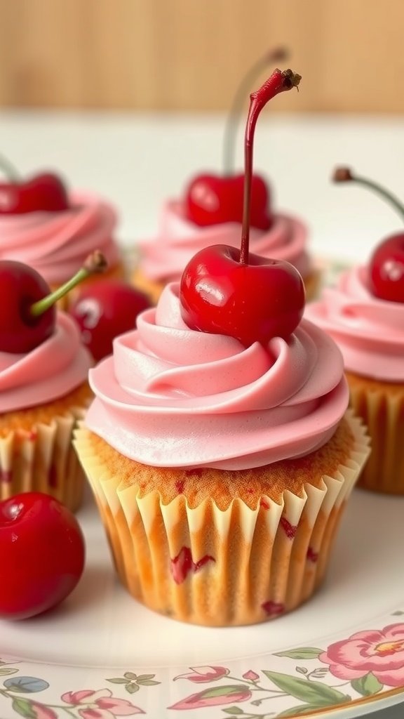 25 Irresistible Valentine's Day Cupcake Ideas to Sweeten Your Celebration Cherry Almond Surprise cupcakes with pink frosting topped with cherries