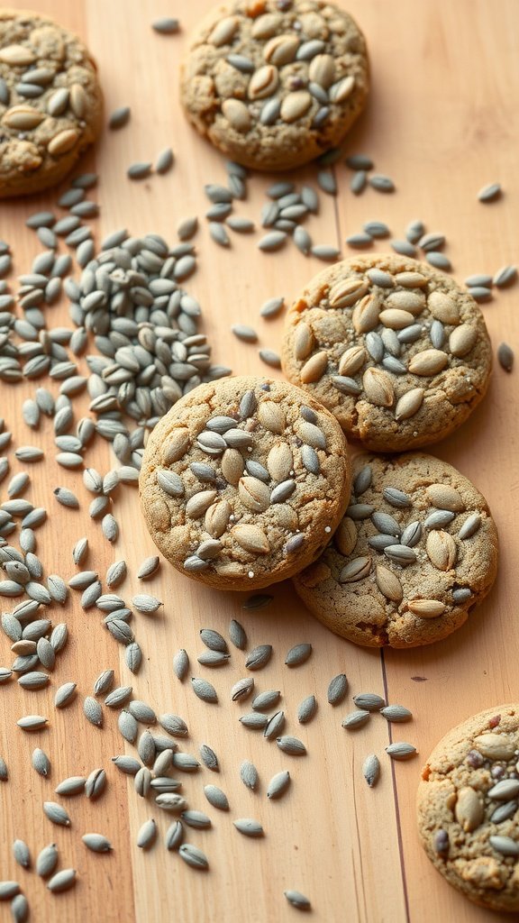 35 Delicious High Protein Cookie Recipes You Need to Try Chia Seed Protein Cookies with sunflower seeds on a wooden surface