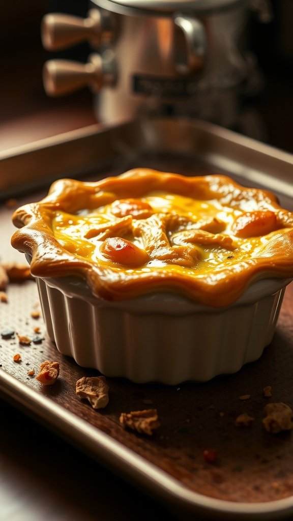 35 Cold Weather Dinner Ideas A freshly baked chicken pot pie with a flaky crust, resting on a baking tray.