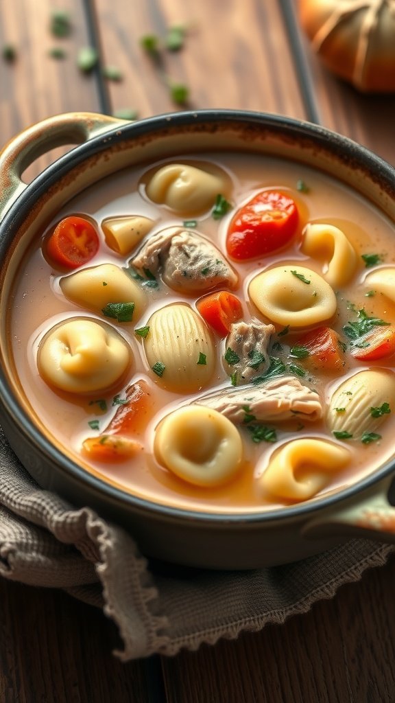 25 Cozy Winter Soups to Warm Your Soul A bowl of chicken tortellini soup with vibrant vegetables and herbs.