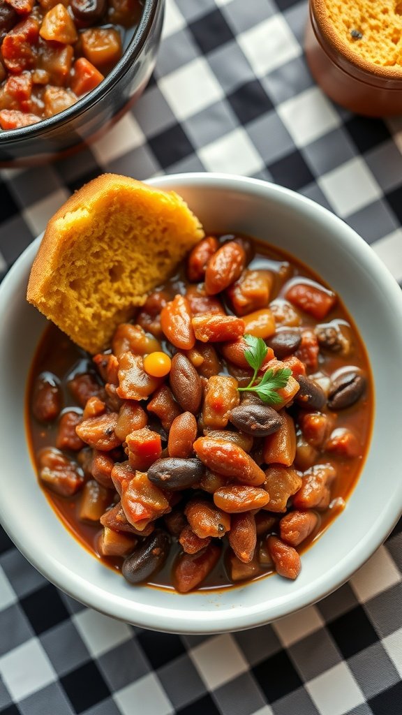 35 Cold Weather Dinner Ideas A bowl of chili con carne with cornbread on a checkered tablecloth.