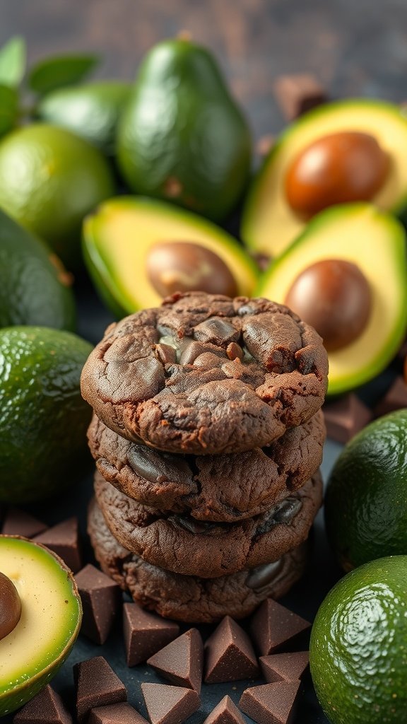 35 Delicious High Protein Cookie Recipes You Need to Try Delicious chocolate avocado protein cookies stacked with fresh avocados in the background.