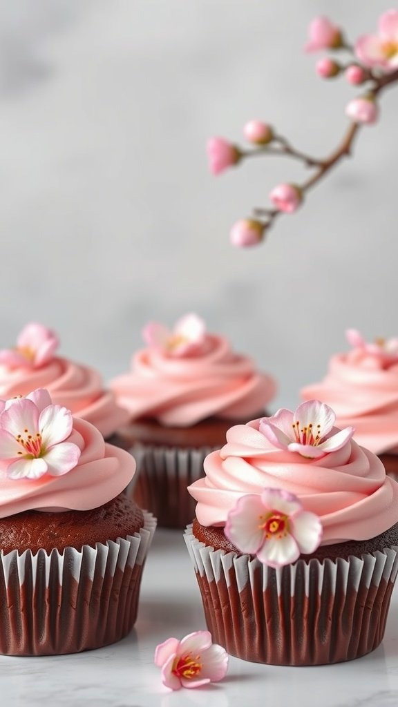 25 Irresistible Valentine's Day Cupcake Ideas to Sweeten Your Celebration Chocolate cupcakes with pink cherry blossom frosting and flowers