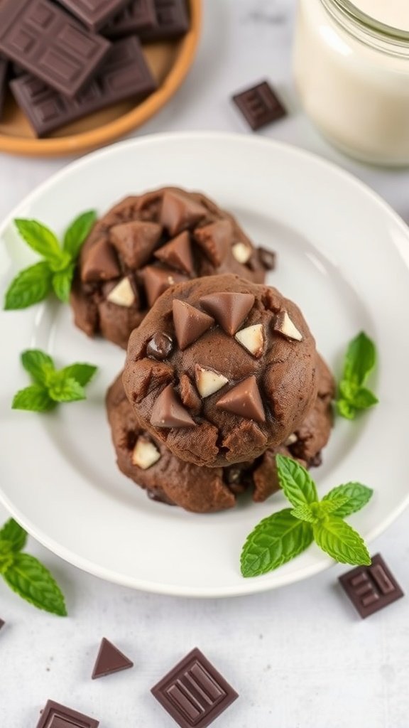 35 Delicious High Protein Cookie Recipes You Need to Try Plate of chocolate mint protein cookies garnished with mint leaves and chocolate pieces.
