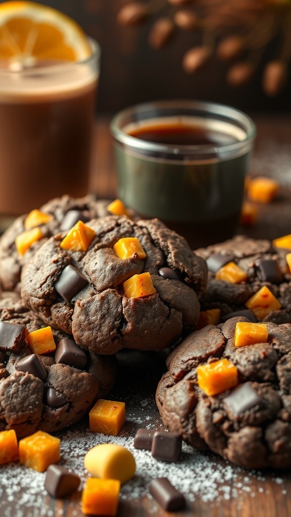 35 Irresistible Hot Chocolate Cookies Recipes to Warm Your Heart Delicious chocolate cookies with orange chunks and melted chocolate pieces.
