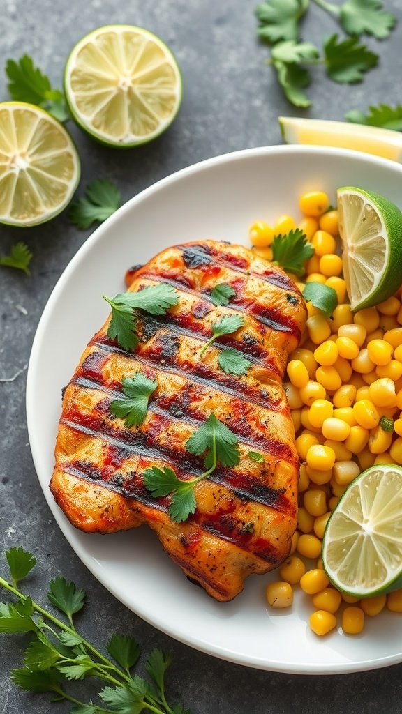 35 Cold Weather Dinner Ideas Grilled cilantro lime chicken served with corn and lime wedges