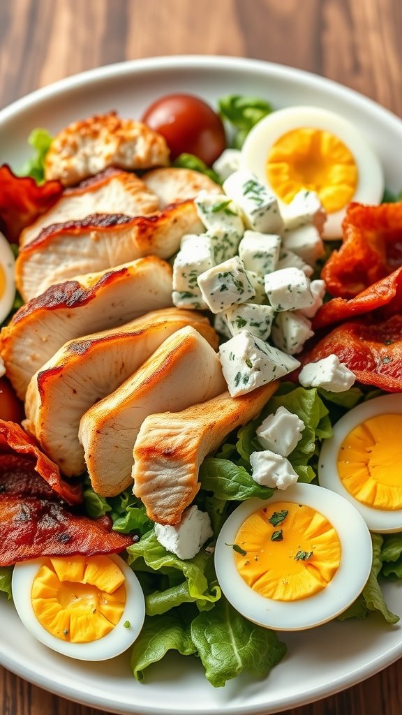 35 High Protein Low Carb Meals You Need to Try A colorful Cobb salad with grilled chicken, hard-boiled eggs, bacon, and blue cheese. High Protein Low Carb Meals
