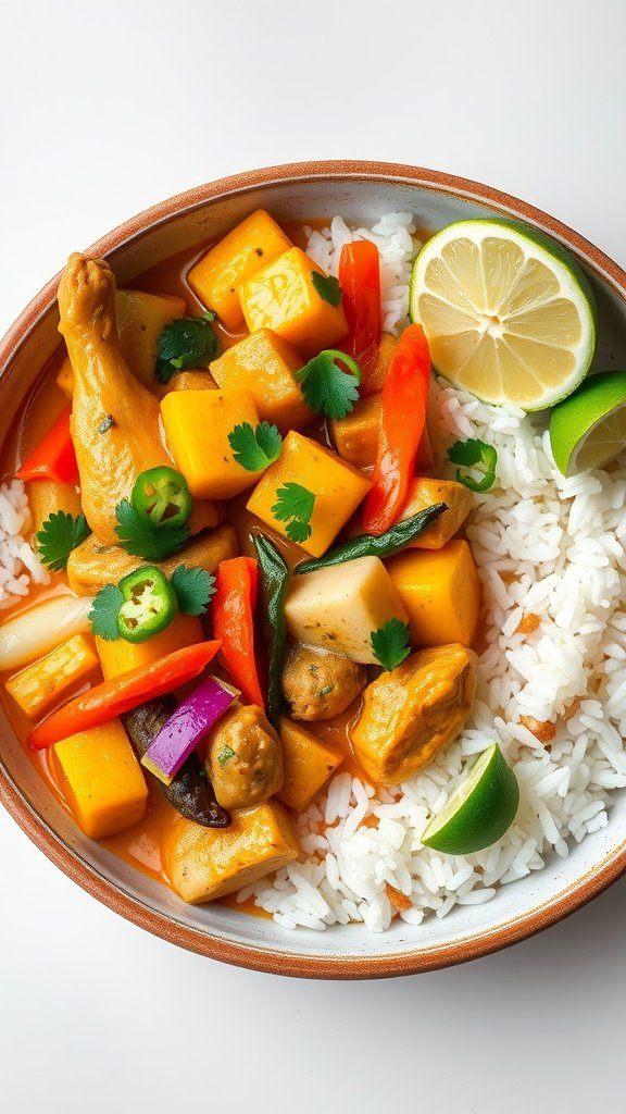 35 Cold Weather Dinner Ideas A delicious bowl of coconut curry chicken with colorful vegetables and rice.