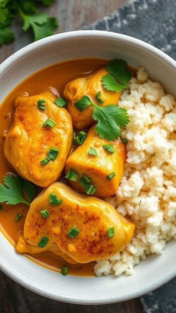 35 High Protein Low Carb Meals You Need to Try A bowl of coconut curry chicken thighs with cilantro and a side of cauliflower rice.
