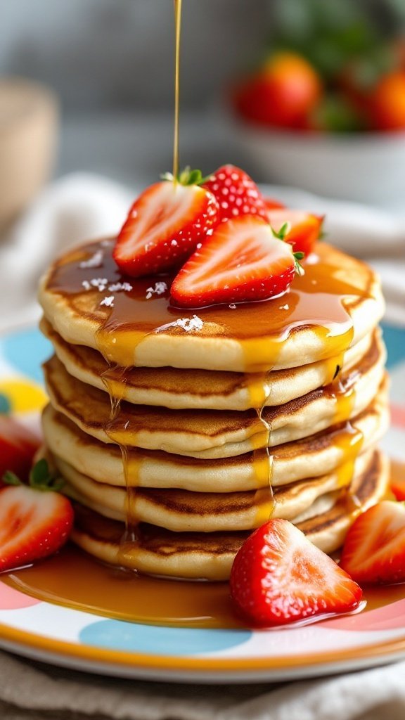 15 Easy Keto Breakfast Ideas for a Delicious Start to Your Day A stack of coconut flour pancakes topped with strawberries and syrup.