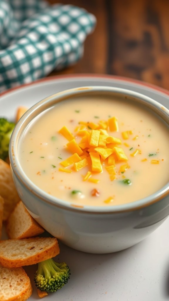 25 Cozy Winter Soups to Warm Your Soul A bowl of creamy broccoli cheddar soup topped with shredded cheese, accompanied by bread and broccoli.