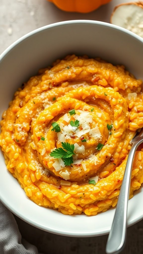 35 Cold Weather Dinner Ideas A creamy pumpkin risotto served in a bowl, garnished with parsley and Parmesan cheese. Cold Weather Dinner Ideas