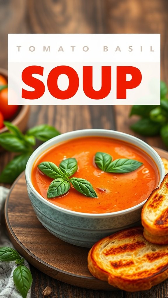 35 Cold Weather Dinner Ideas A bowl of creamy tomato basil soup garnished with fresh basil leaves, served with toasted bread on the side.