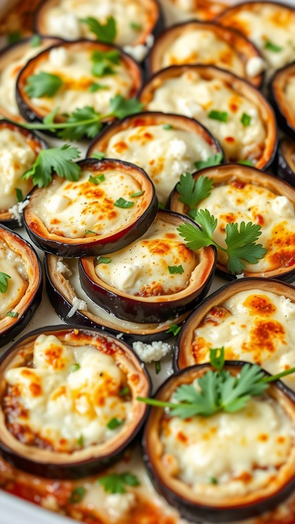 35 High Protein Low Carb Meals You Need to Try A close-up of eggplant lasagna slices with ricotta and herbs