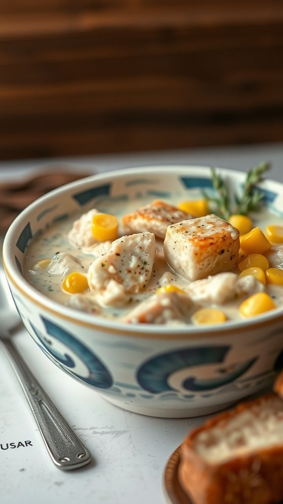 25 Cozy Winter Soups to Warm Your Soul A bowl of fish chowder with corn and potatoes, garnished with herbs.