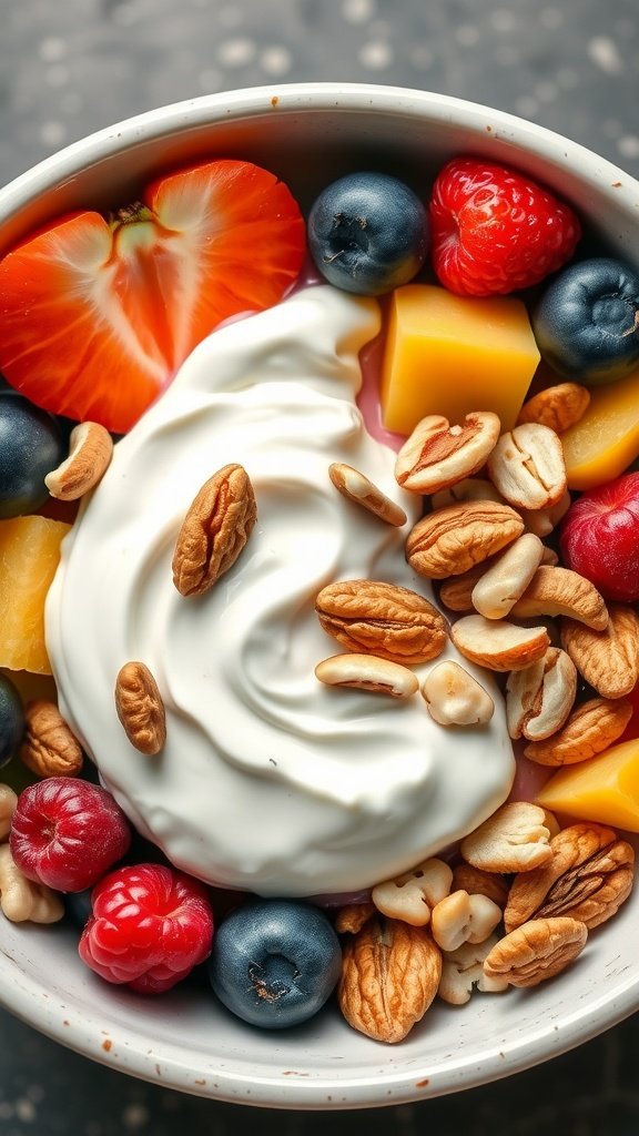 15 Delicious Mediterranean Breakfast Recipes to Start Your Day Right A vibrant fruit and nut breakfast bowl filled with yogurt, fresh fruits, and a variety of nuts. Mediterranean Breakfast