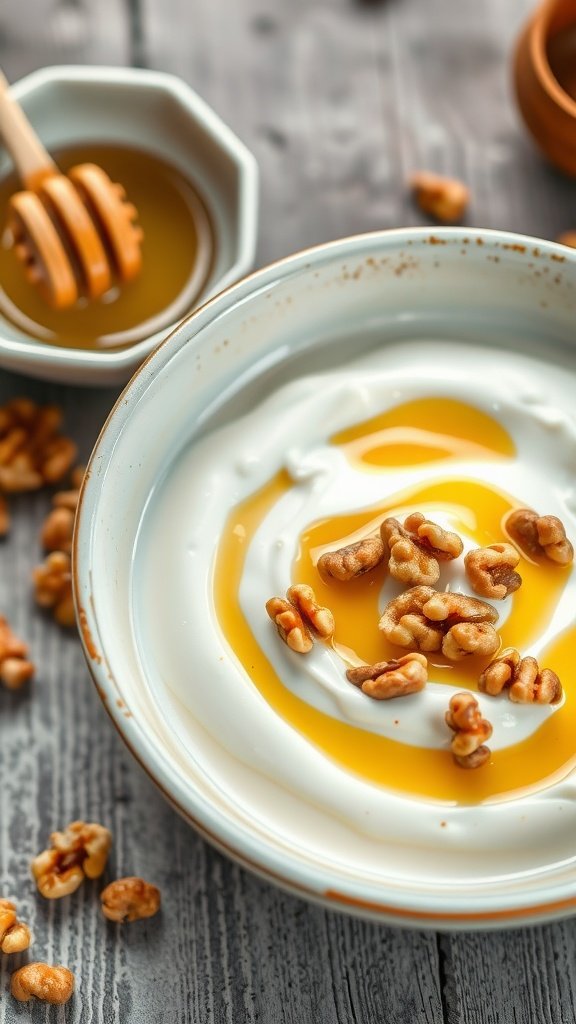 15 Delicious Mediterranean Breakfast Recipes to Start Your Day Right A bowl of Greek yogurt topped with honey and walnuts, with additional walnuts scattered around.