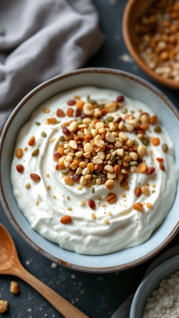 15 Easy Keto Breakfast Ideas for a Delicious Start to Your Day A bowl of Greek yogurt topped with mixed nuts and seeds