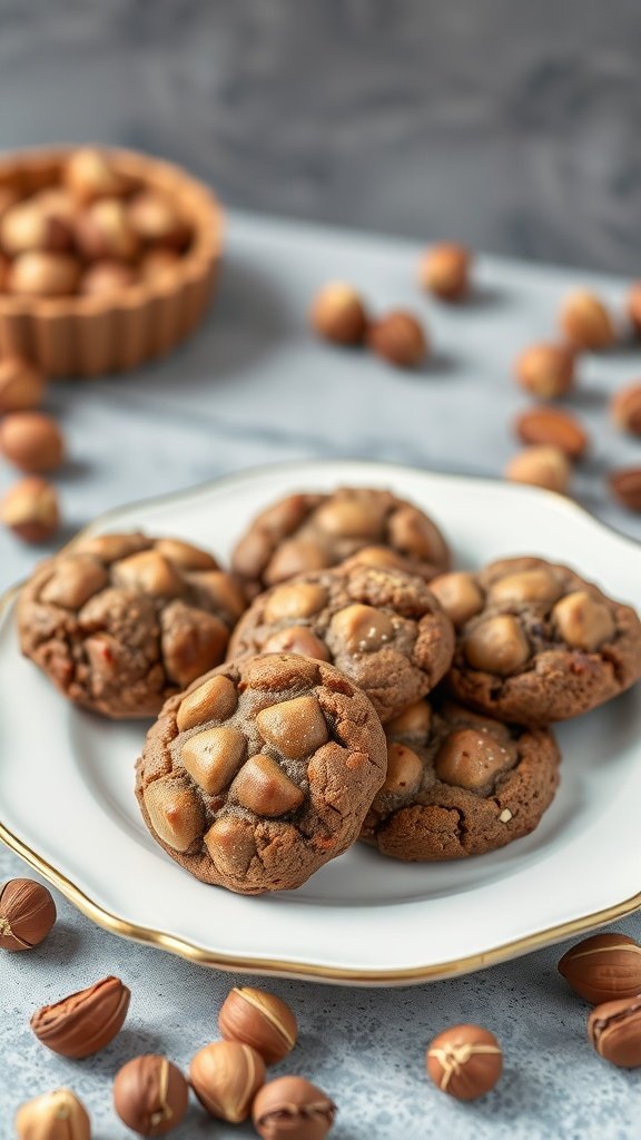 35 Delicious High Protein Cookie Recipes You Need to Try Delicious hazelnut protein cookies on a plate with whole hazelnuts scattered around.